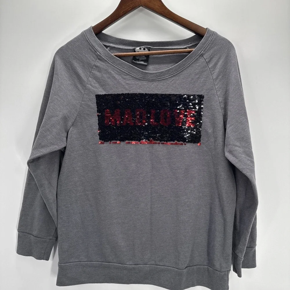 Batman Harley Quinn Flip Sequin Top Gray M Geekcore Comic Casual Graphic Tee